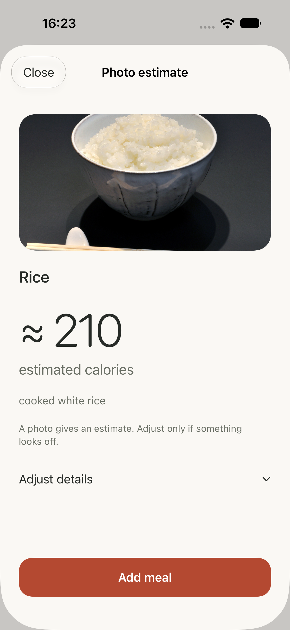 Calolet identifies a bowl of rice and displays an estimated 210 calories with an Add meal button